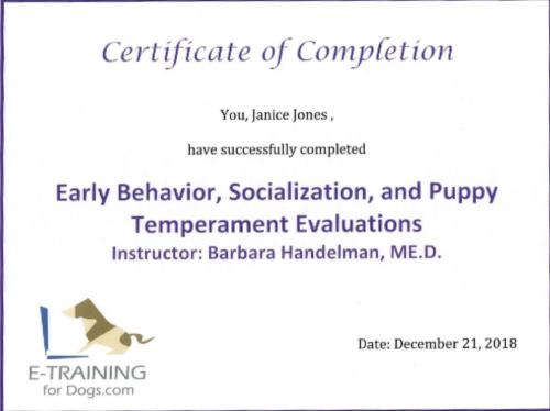 Early Behavior, Socialization and Puppy Temperament Evaluation from Dr.Cheryl Asmus Aguiar eLearning site
