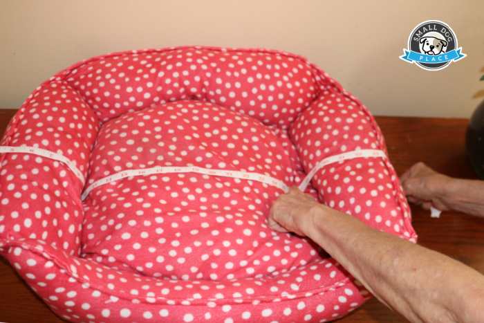 A woman is holding a measuring take over a dog bed