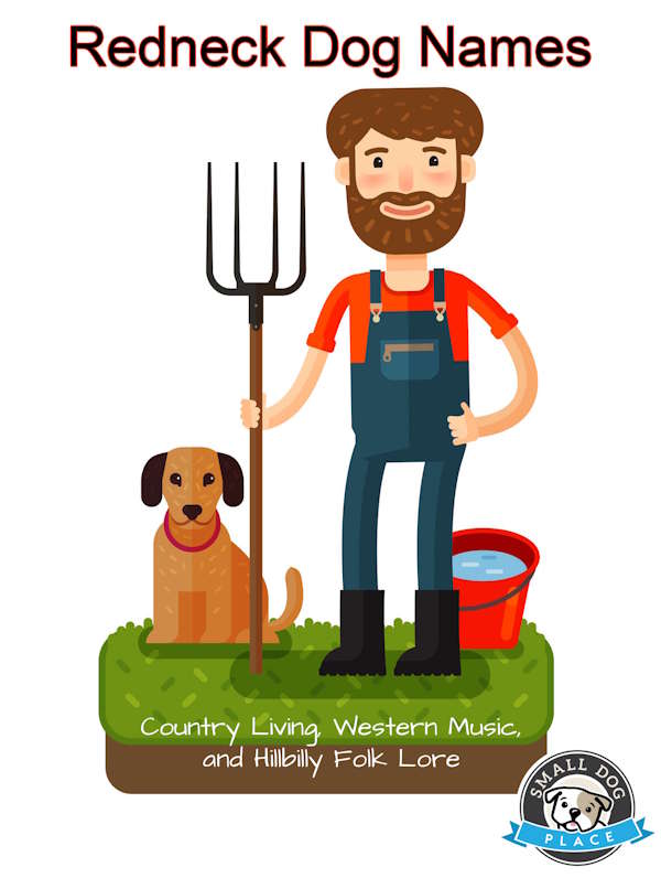 Farmer with a pitch fork standing next to a small dog