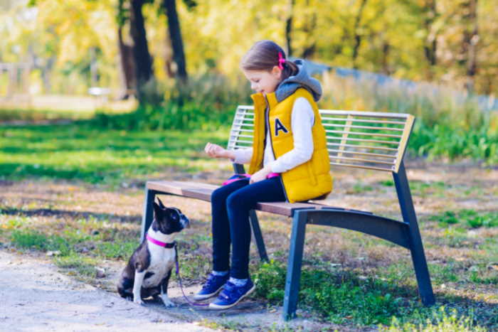 A small girl with her Boston Terrier