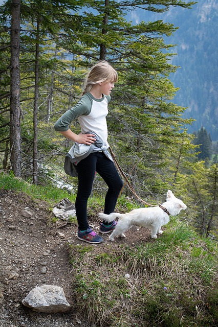 A young girl on a hike with her small dog