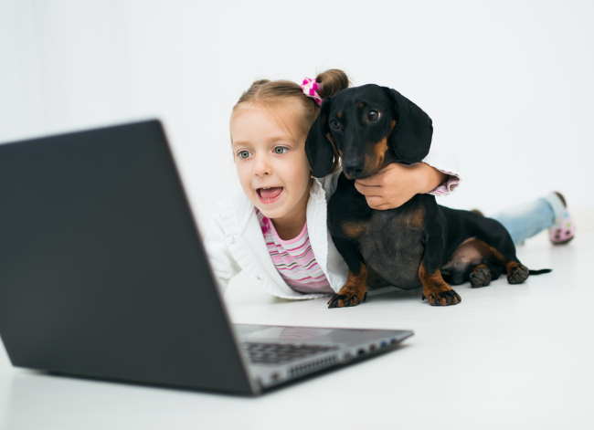 A young girl is hugging a dachshund while working on a laptop