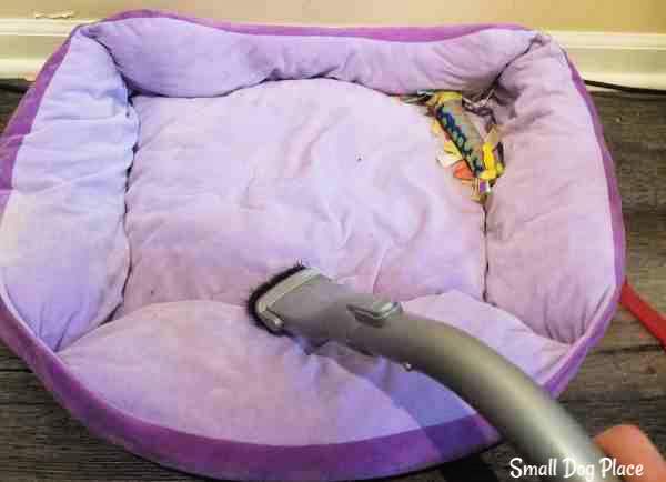 A dog bed is being vacuumed to remove dust and dirt.