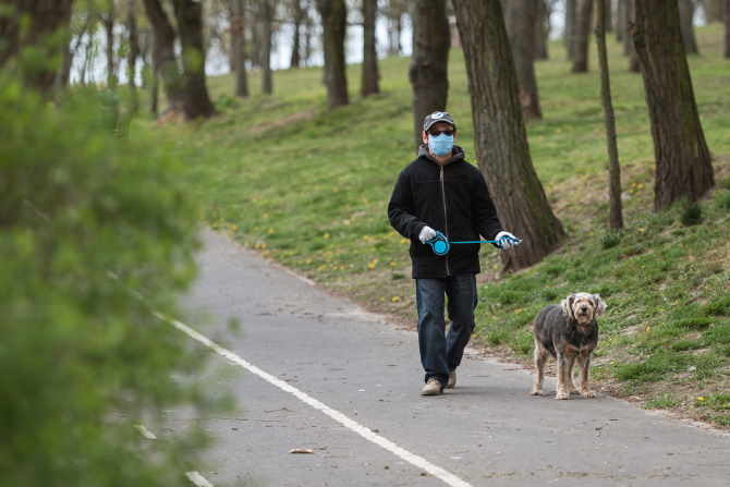 A man wearing a mask is walking his dog