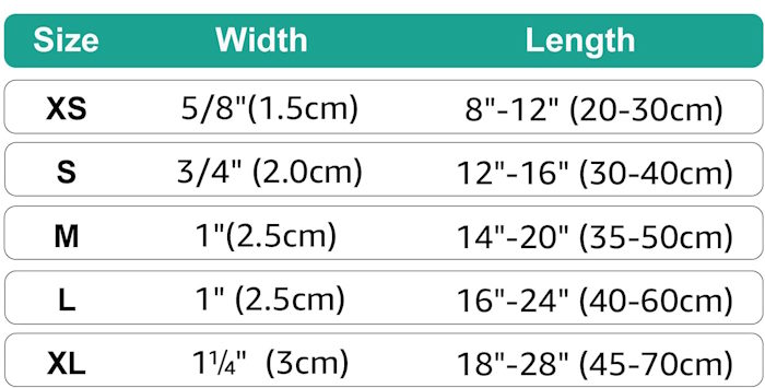 A chart showing various sizes of dog collars A chart showing various sizes of dog collars
