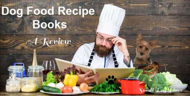 A chef is looking at a dog food recipe book behind a table full of food