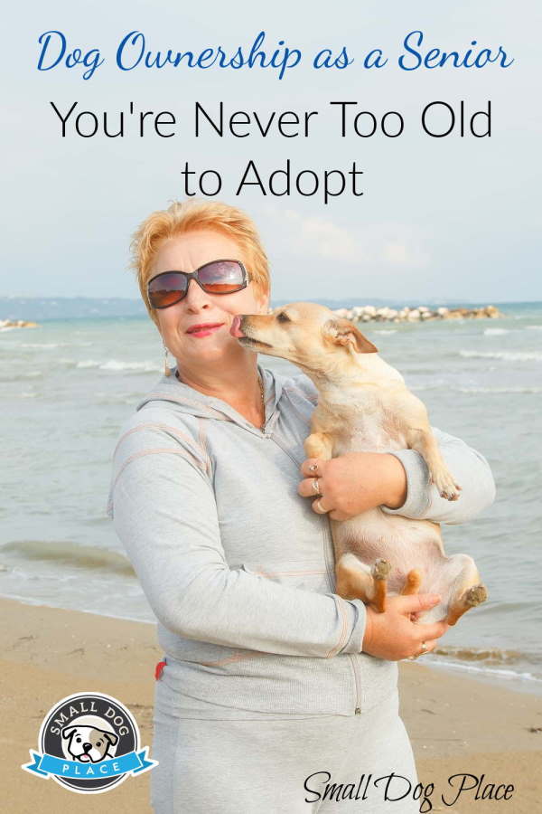 Dog Ownership as a Senior Pin Image of a Woman Holding a small dog on the beach