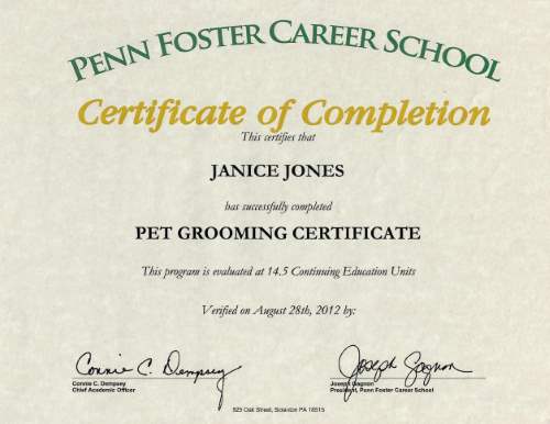 Pet Grooming Certificate from Penn Foster