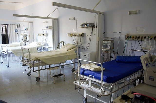 A view of an empty emergency room in a large hospital.