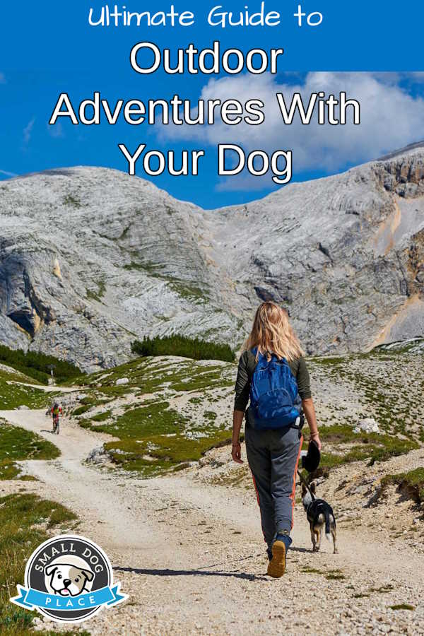A woman is hiking with her dog in an outdoor adventure-pin image