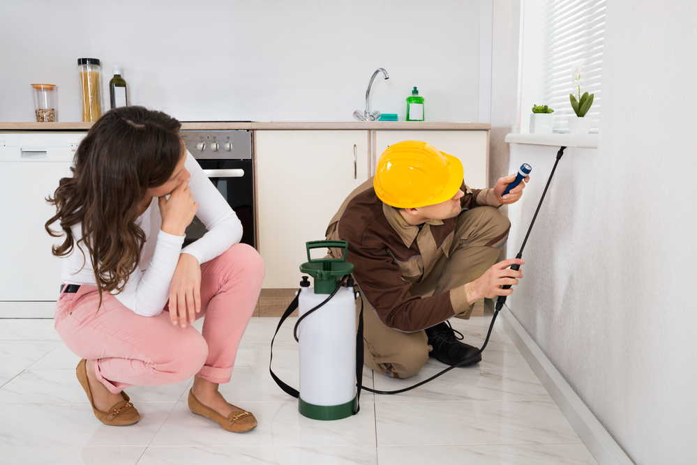 A woman watches as an exterminator works in a home