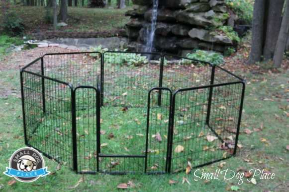 A fully assembled 8 panel Topeakmart puppy playground outside.