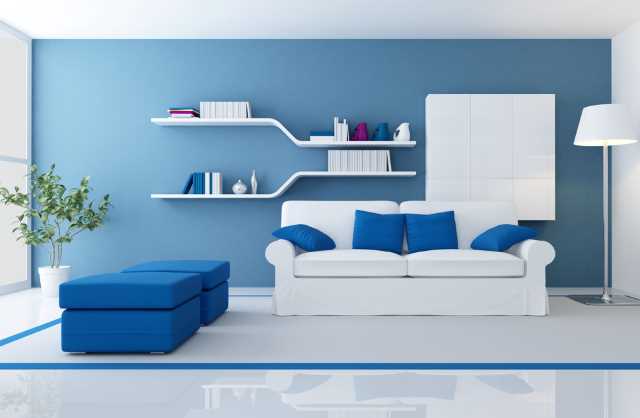 A blue and white living area with examples of fur-free fabrics and pet-friendly floors.
