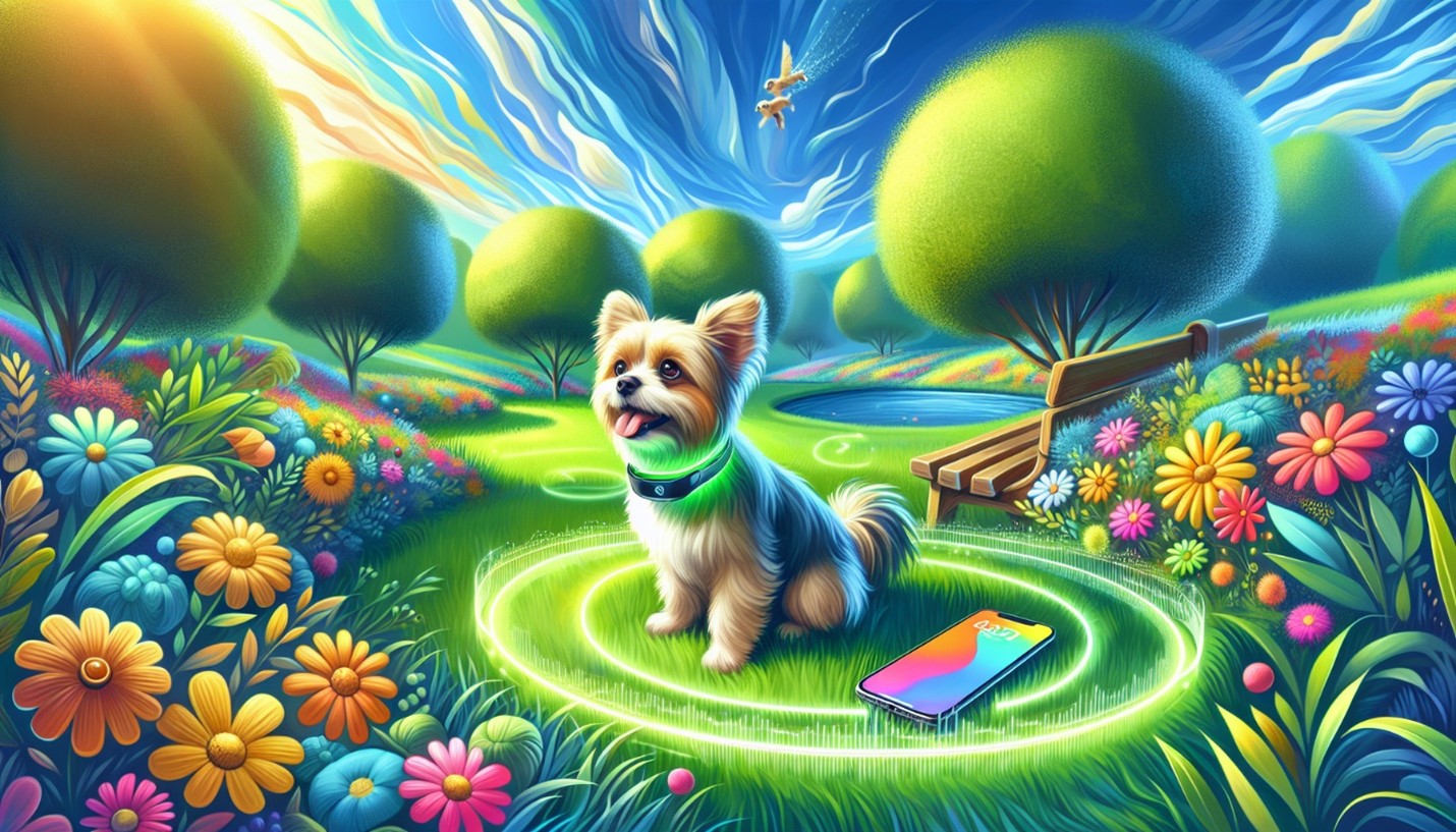 A futuristic picture of a small dog using a GPS colar to stay safe