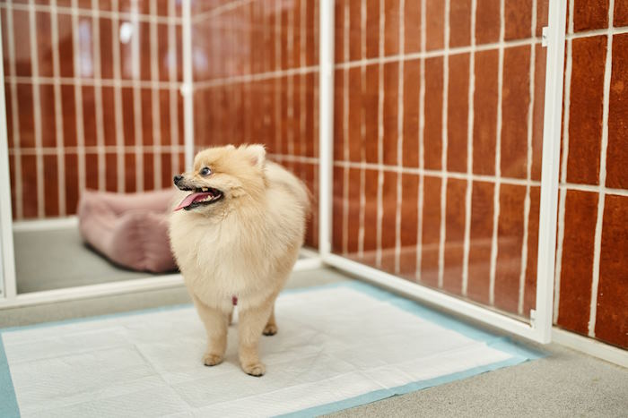 A Pomeranian is standing on a puppy pad