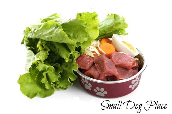 This raw dog food diet consists of raw beef, eggs, and vegetables
