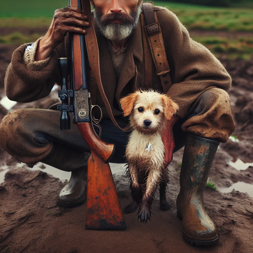A muddy small dog and his owner are posing with a hunting rifle